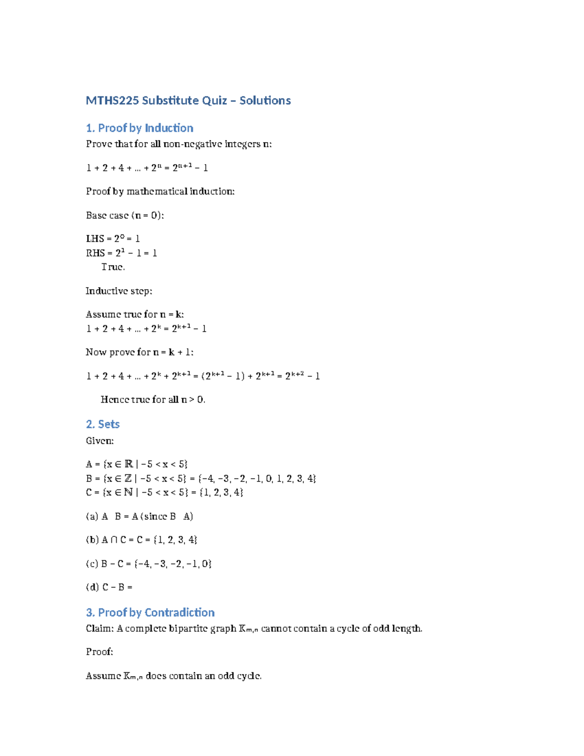 MTHS225 Substitute Quiz Solutions: Proofs & Set Theory - Studocu
