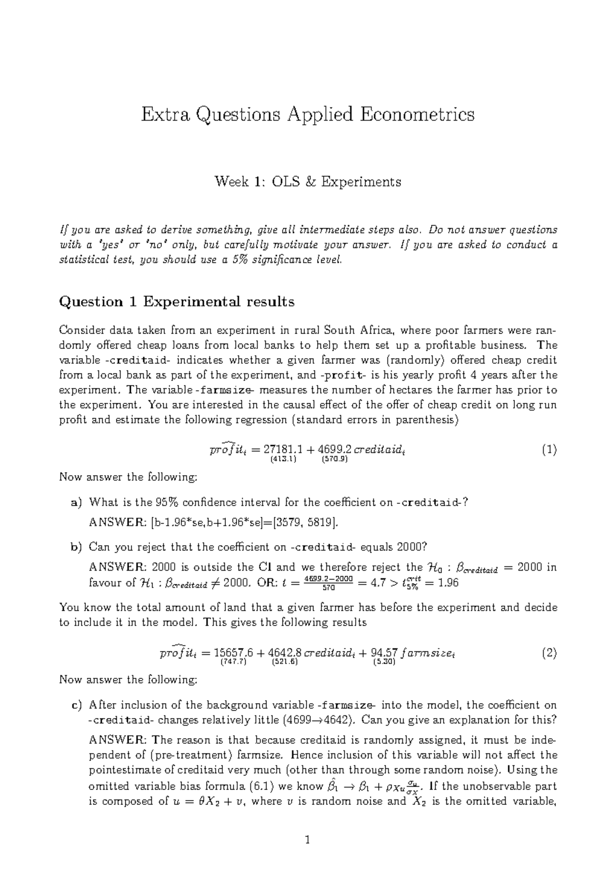 W1 Applied Econometrics Extra Questions Solutions - Overview - Studeersnel