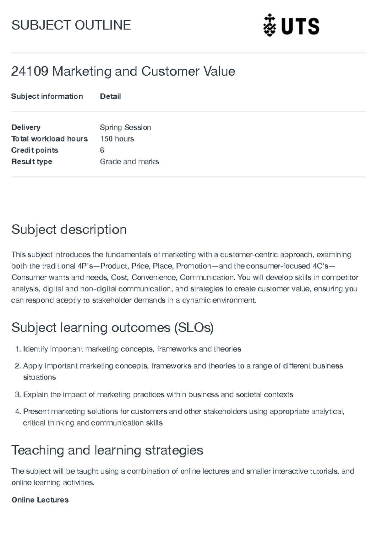 Marketing and Customer Value Subject Outline 24109 - Studocu