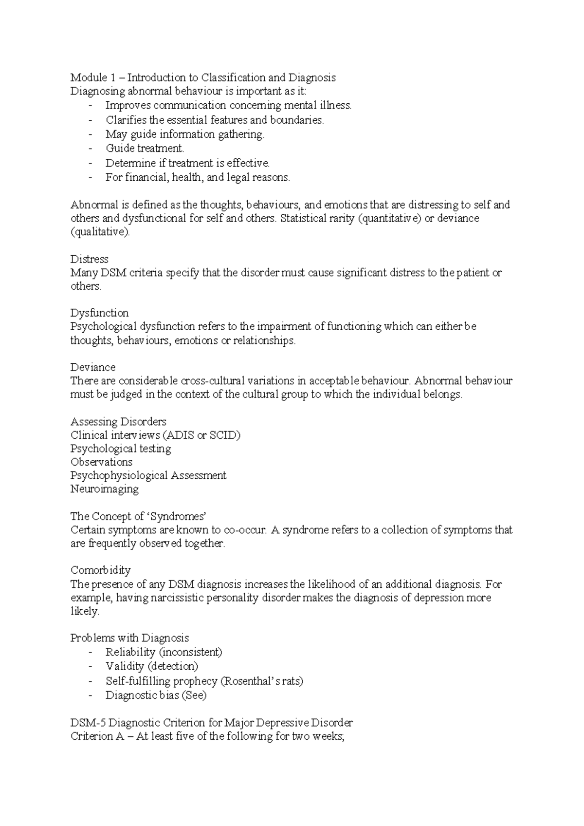 3009PSY - Module 1: Introduction to Classification & Diagnosis Notes ...