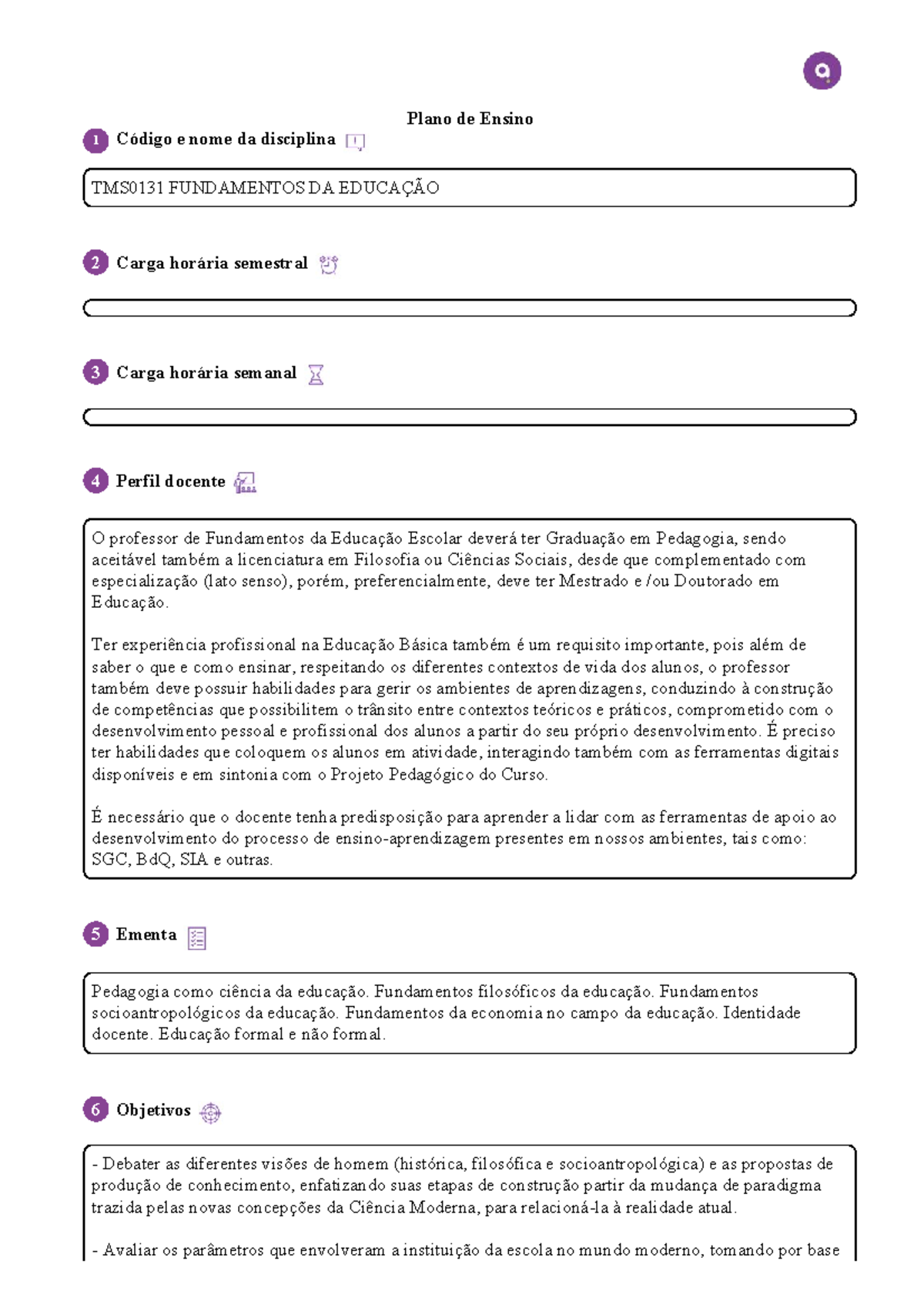 Plano de Ensino TMS0131: Fundamentos da Educação - Studocu