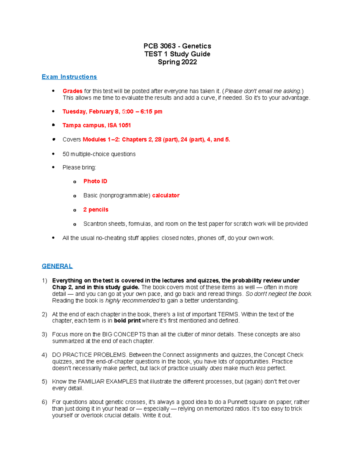 Genetics Test 1 Study Guide Sp22 - PCB 3063 - Genetics TEST 1 Study ...