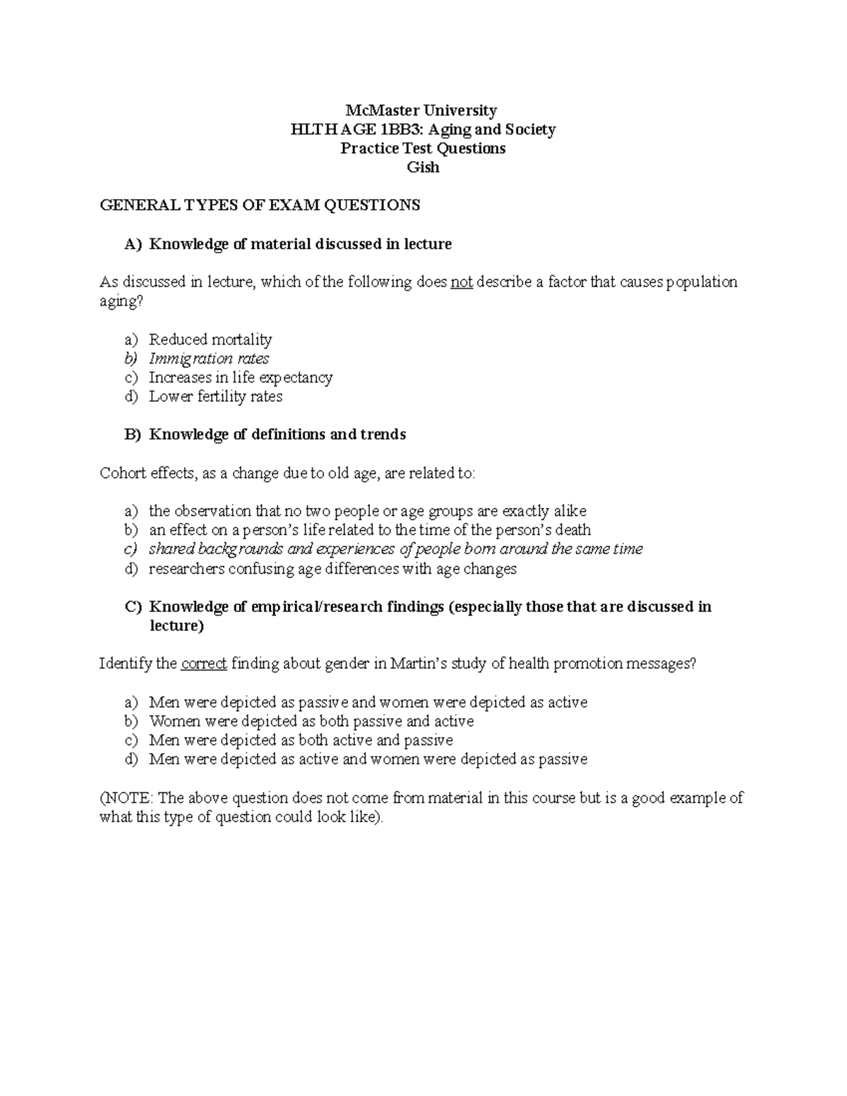 1BB3 Sample Exam Questions KEY - McMaster University HLTH AGE 1BB3 ...