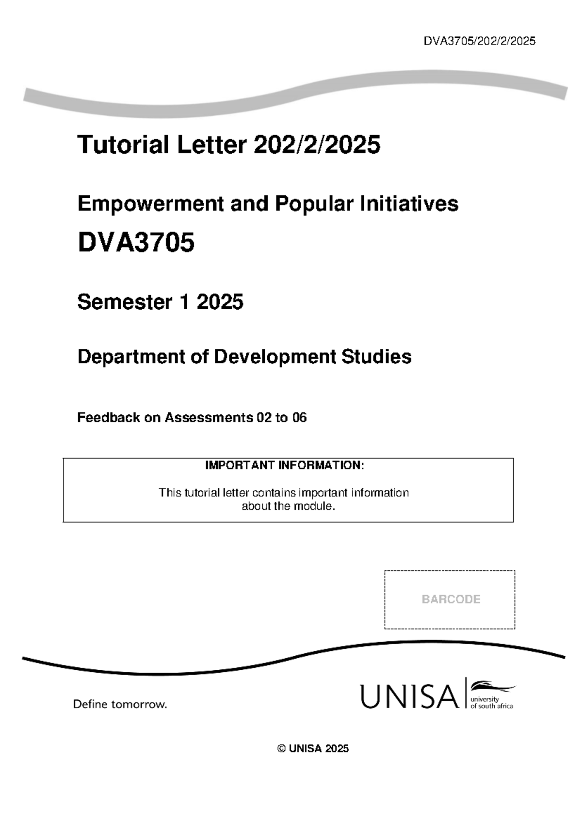 DVA3705 Tutorial Letter: Feedback on Semester 1 Assignments 2025 - Studocu