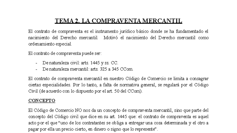 Tema 2: Compraventa Mercantil y sus Aspectos Jurídicos - Studocu