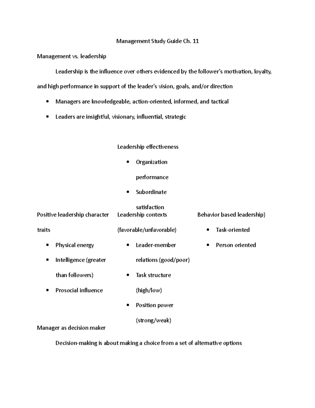 MGMT Study Guide Ch. 11: Leadership, Decision-Making, and Conflict ...