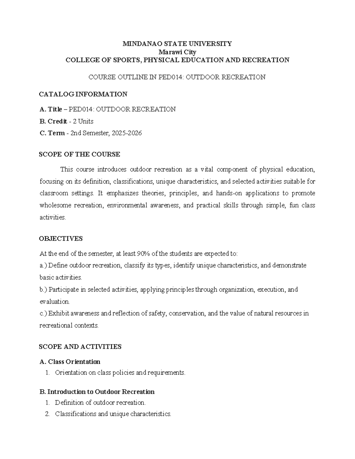 PED014: Outdoor Recreation Course Outline and Activities - Studocu