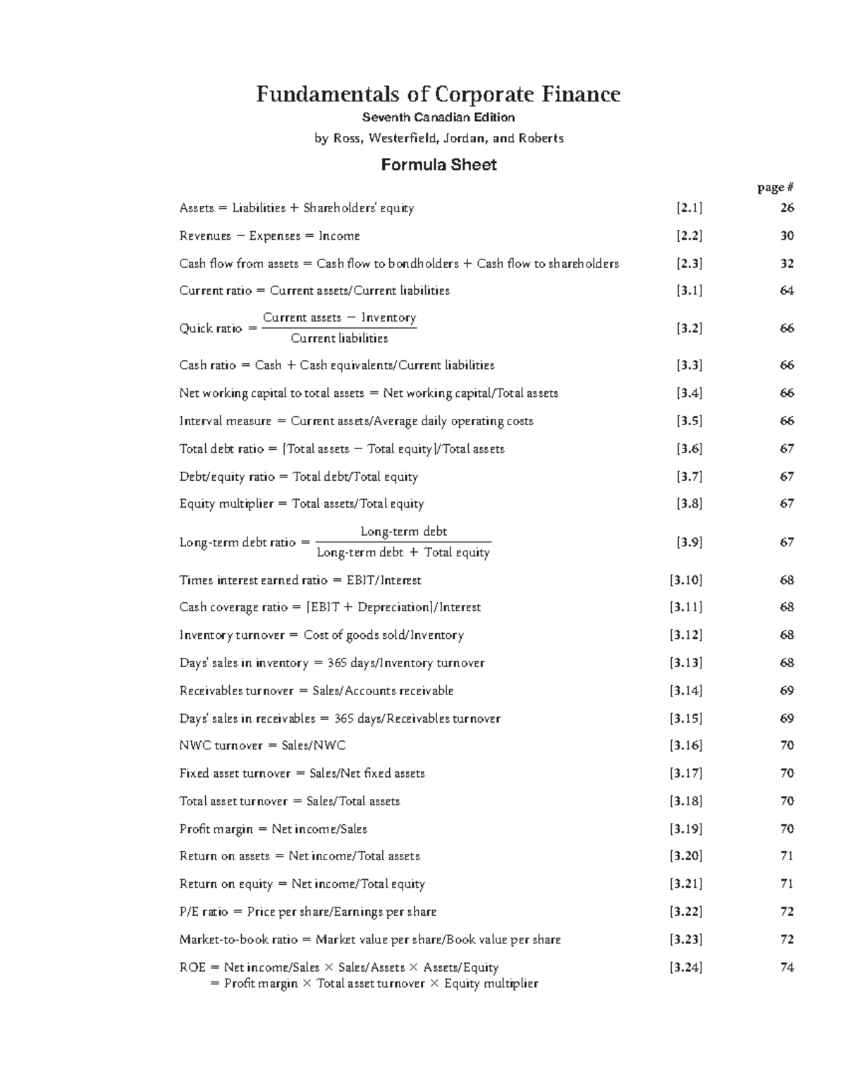 Corporate Finance Formula Sheet - Key Concepts & Equations - Studocu