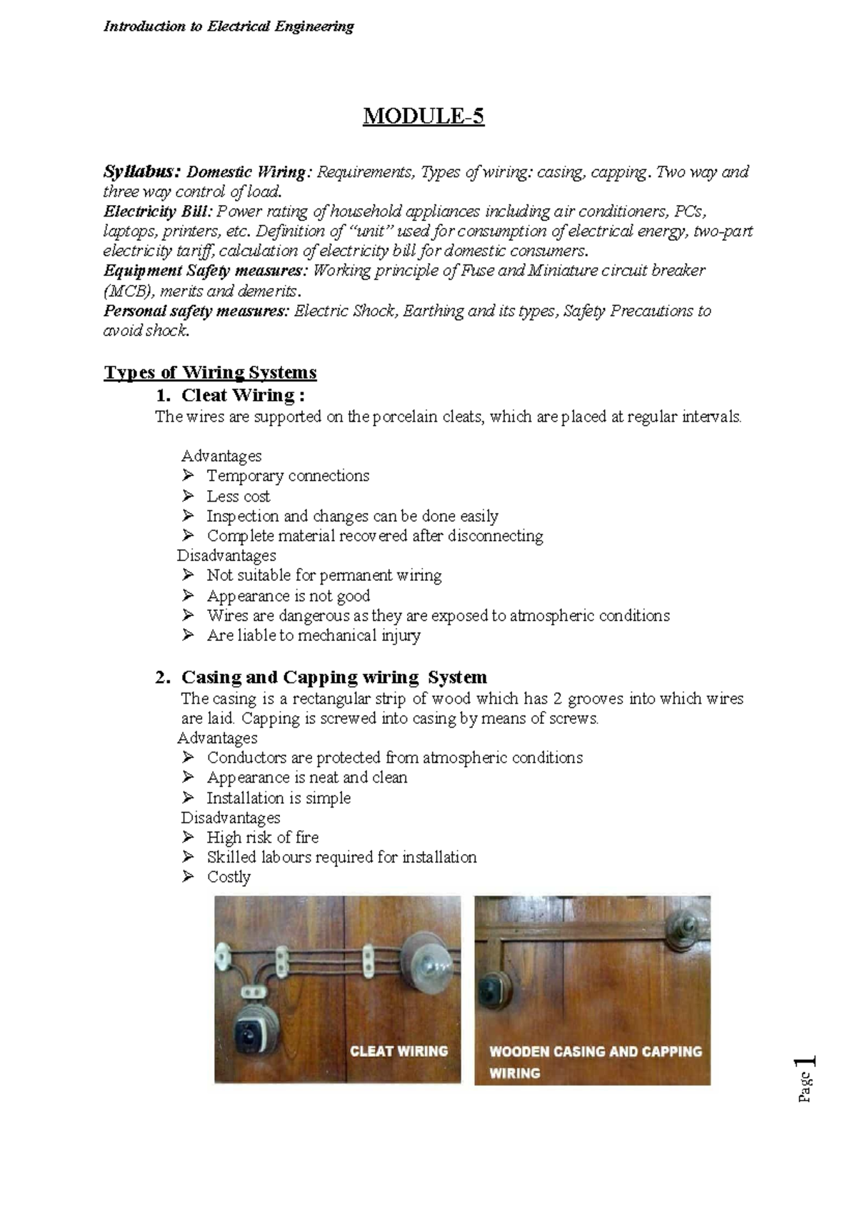 22ESC142 Electrical Engineering Syllabus: Domestic Wiring & Safety ...