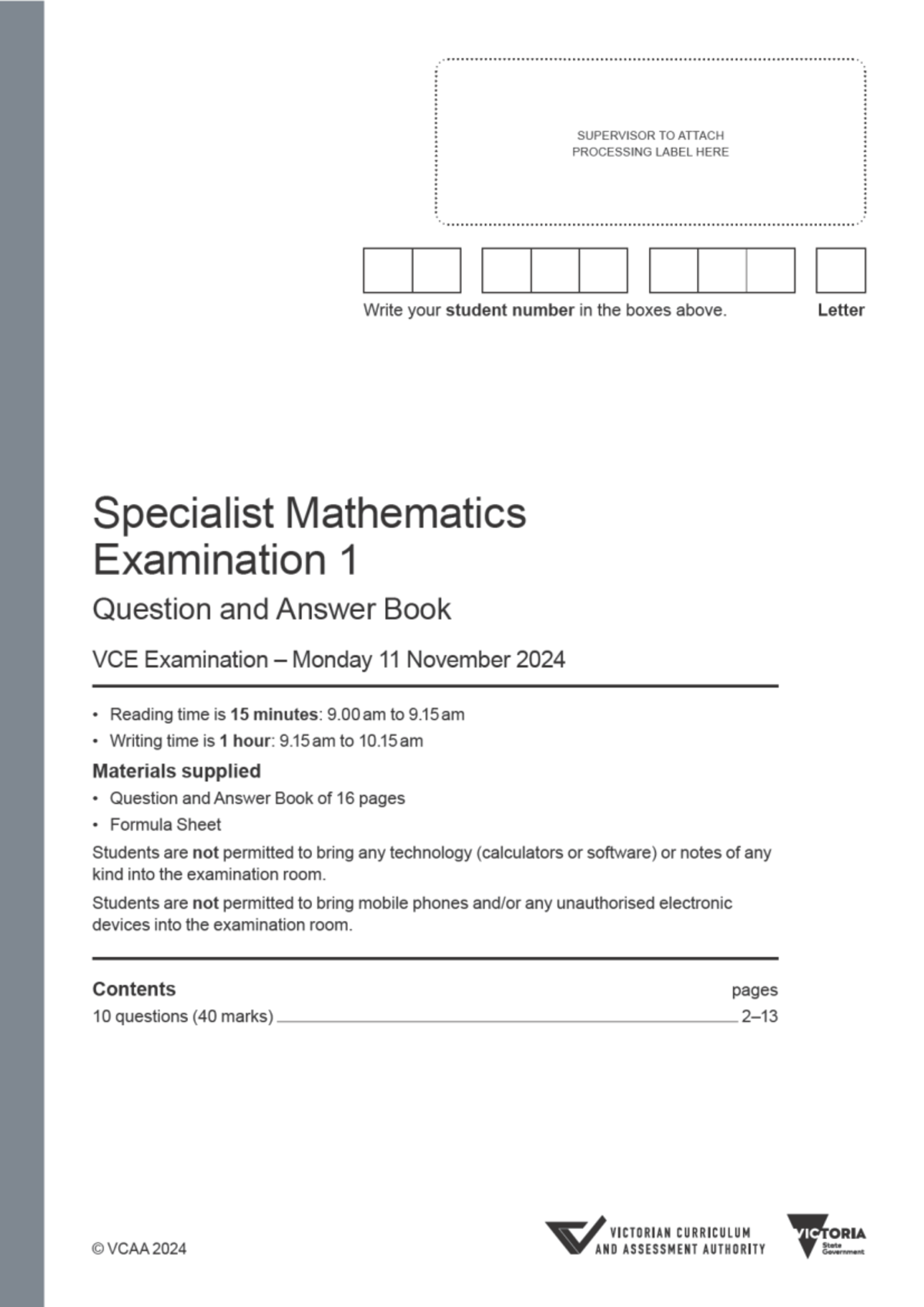 VCE Specialist Mathematics Exam 1 Practice Paper 2024 - Studocu