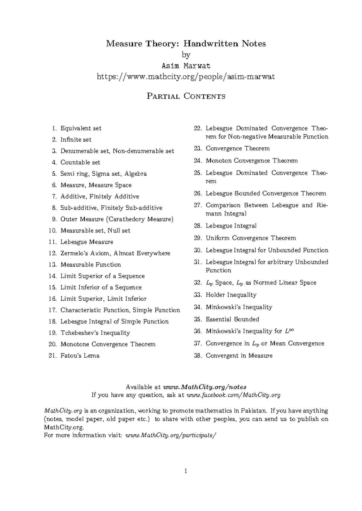 Measure theory notes asim marwat - Measure Theory: Handwritten Notes by ...