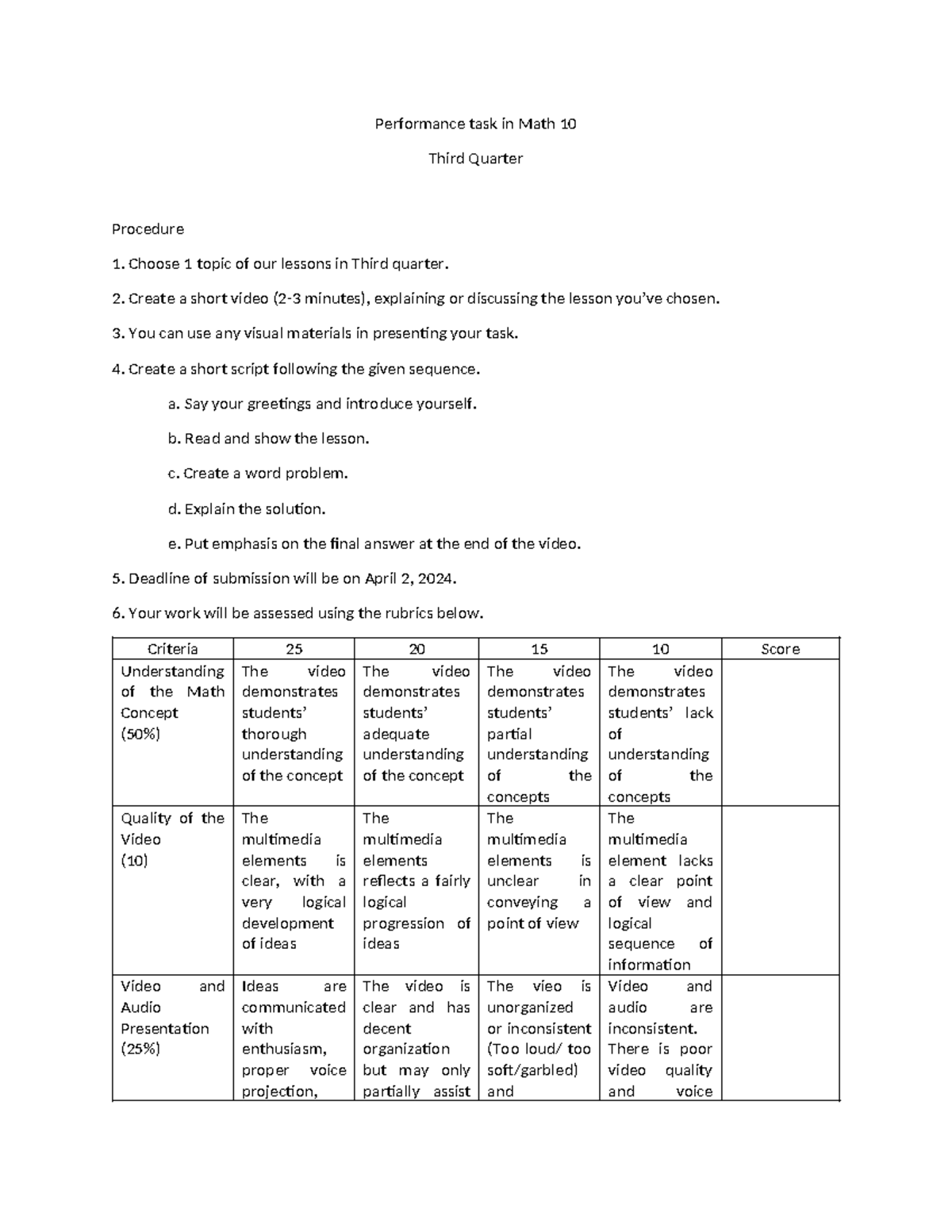 Math 10 Performance Task: Creating a Video Explanation for Q3 - Studocu