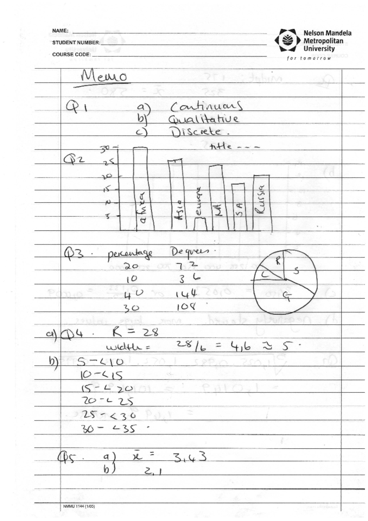 2019 - Semester Test 1 Memo - STAS1X1 - NAME: Nelson Mandela STUDENT ...