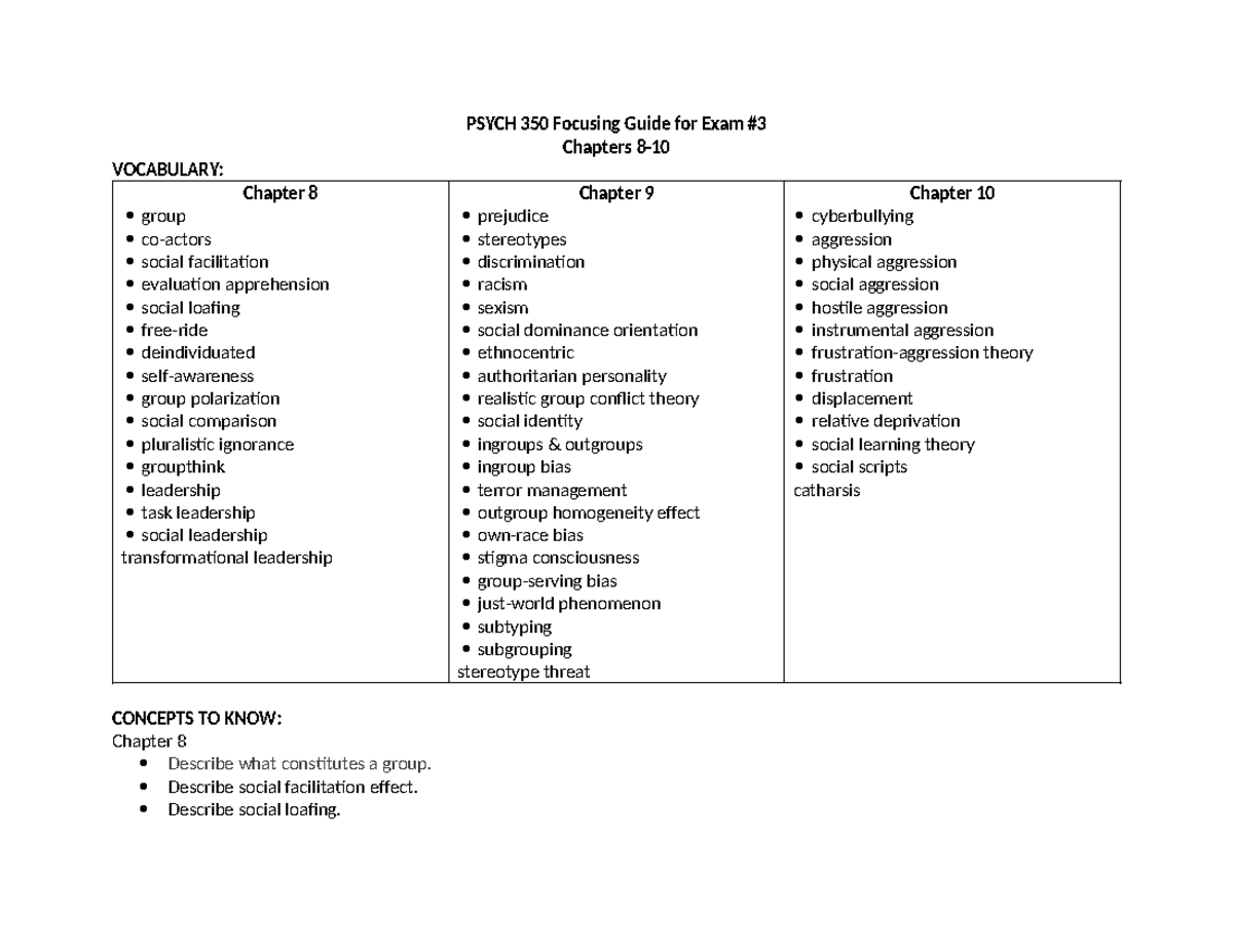 PSYCH 350 Focusing Guide for Exam #3: Key Concepts from Chapters 8-10 ...