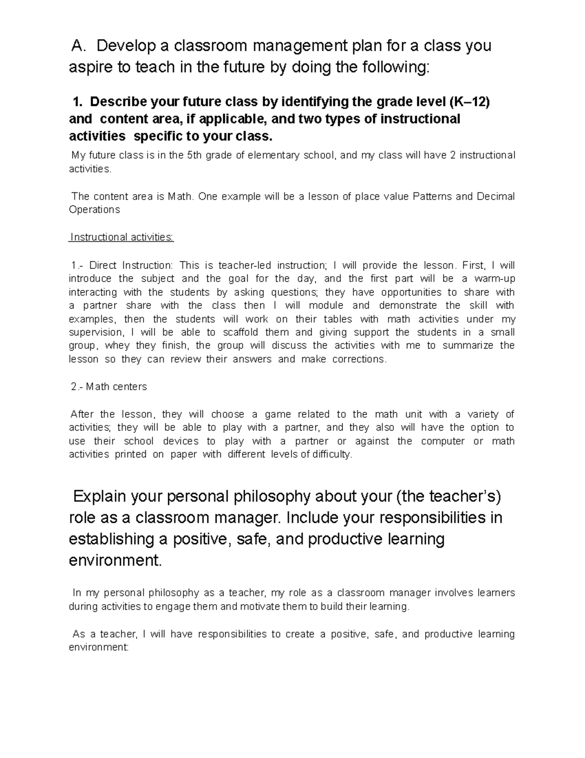 Task 1 D170 Classroom Management Plan - A. Develop a classroom ...
