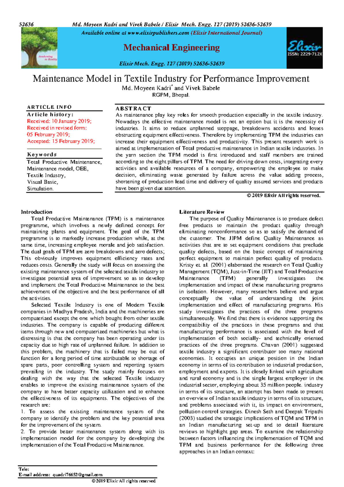 Maintenance Model in Textile Industry for Performance Improvement ...