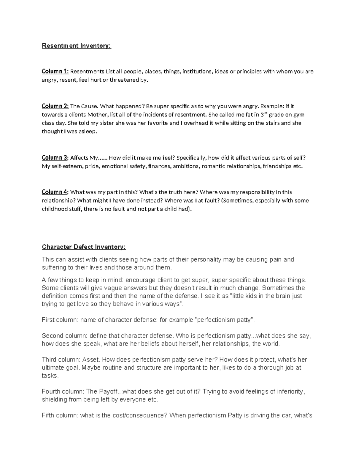 Resentment and Character Defect Inventory Guide - Resentment Inventory ...