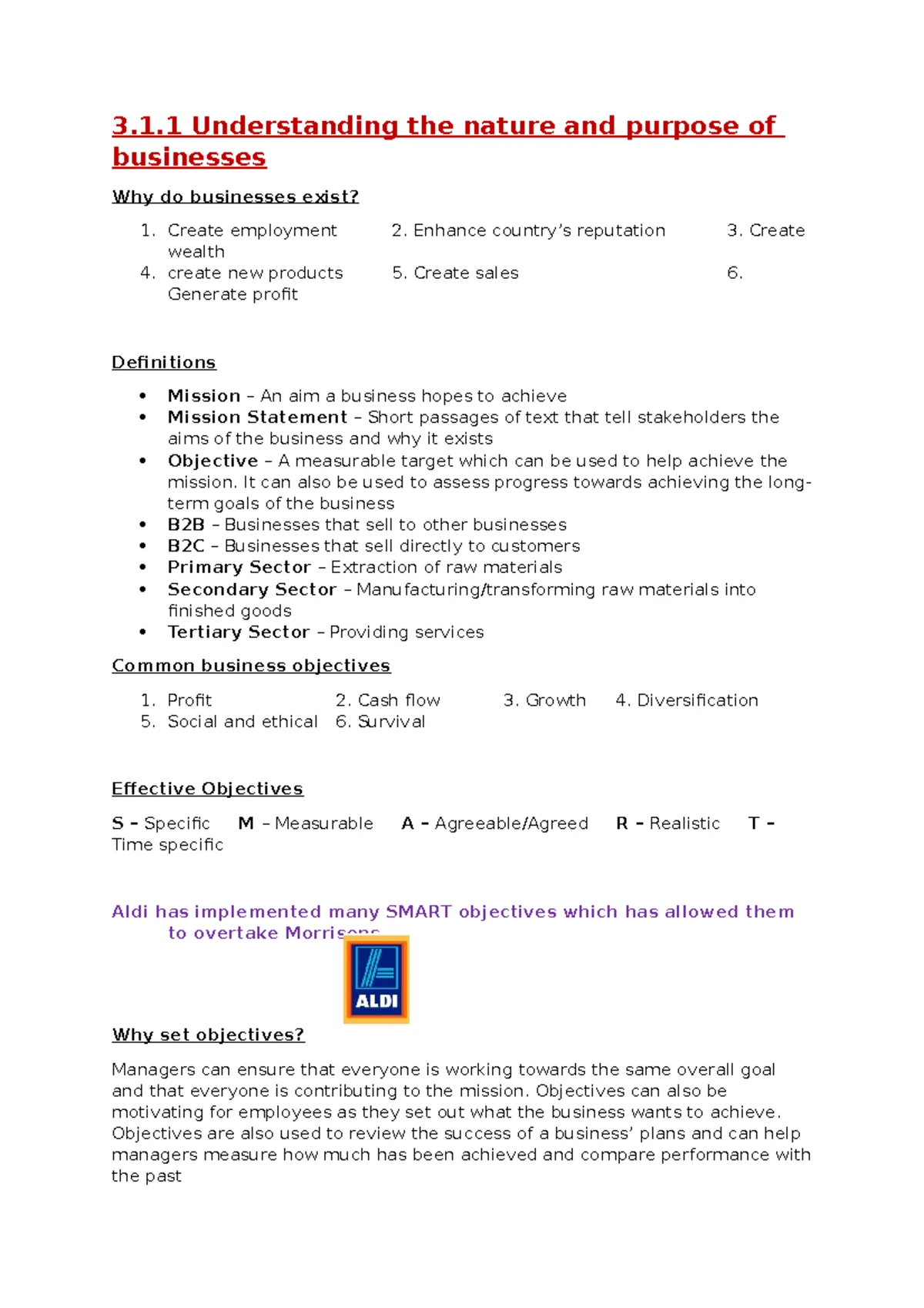 All 3 1 notes aqa business a level 3 1 understanding the nature and