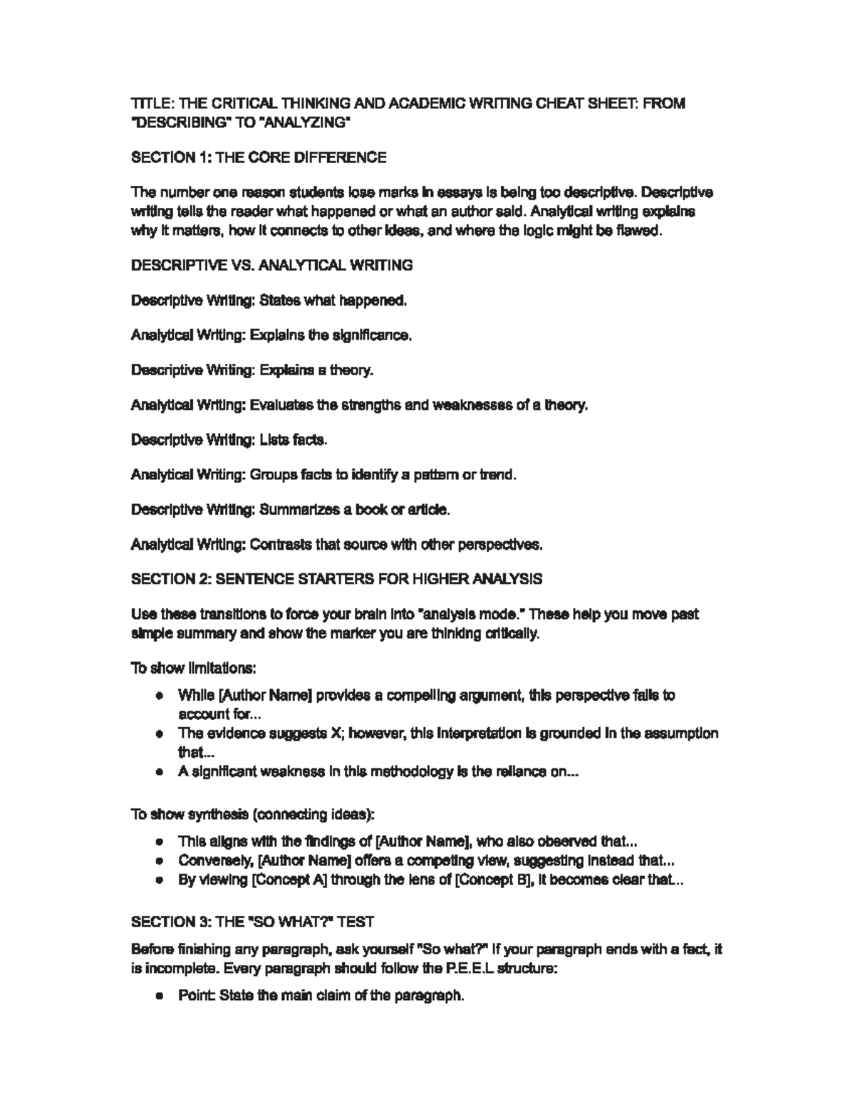 Critical Thinking & Academic Writing Cheat Sheet: A Guide for TWO PASS ...