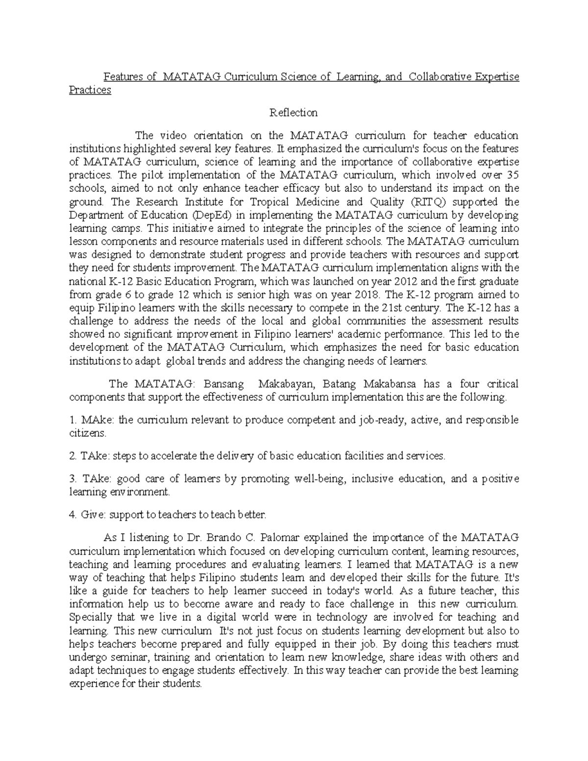 Reflection on MATATAG Curriculum Implementation for Teacher Education ...