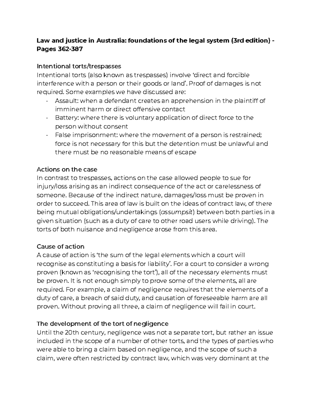 LAWS1052 Week 9 Lecture & Reading Notes on Torts and Negligence - Studocu