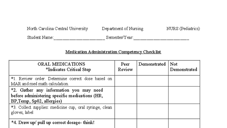 NURS 101: Pediatrics student medication administration competency ...