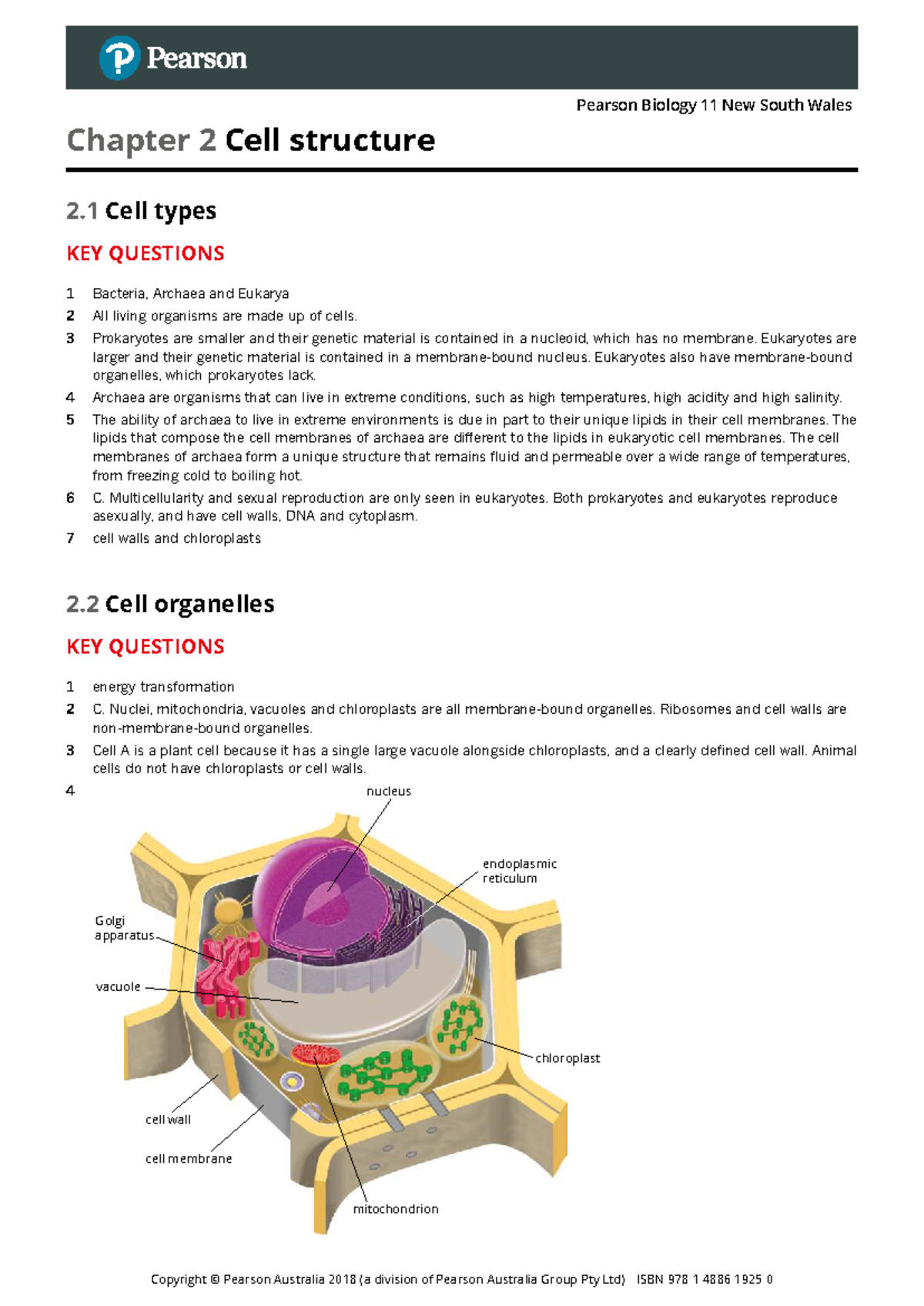 Pearson Biology 11 NSW Chapter 2: Cell Structure & Organelles Study ...