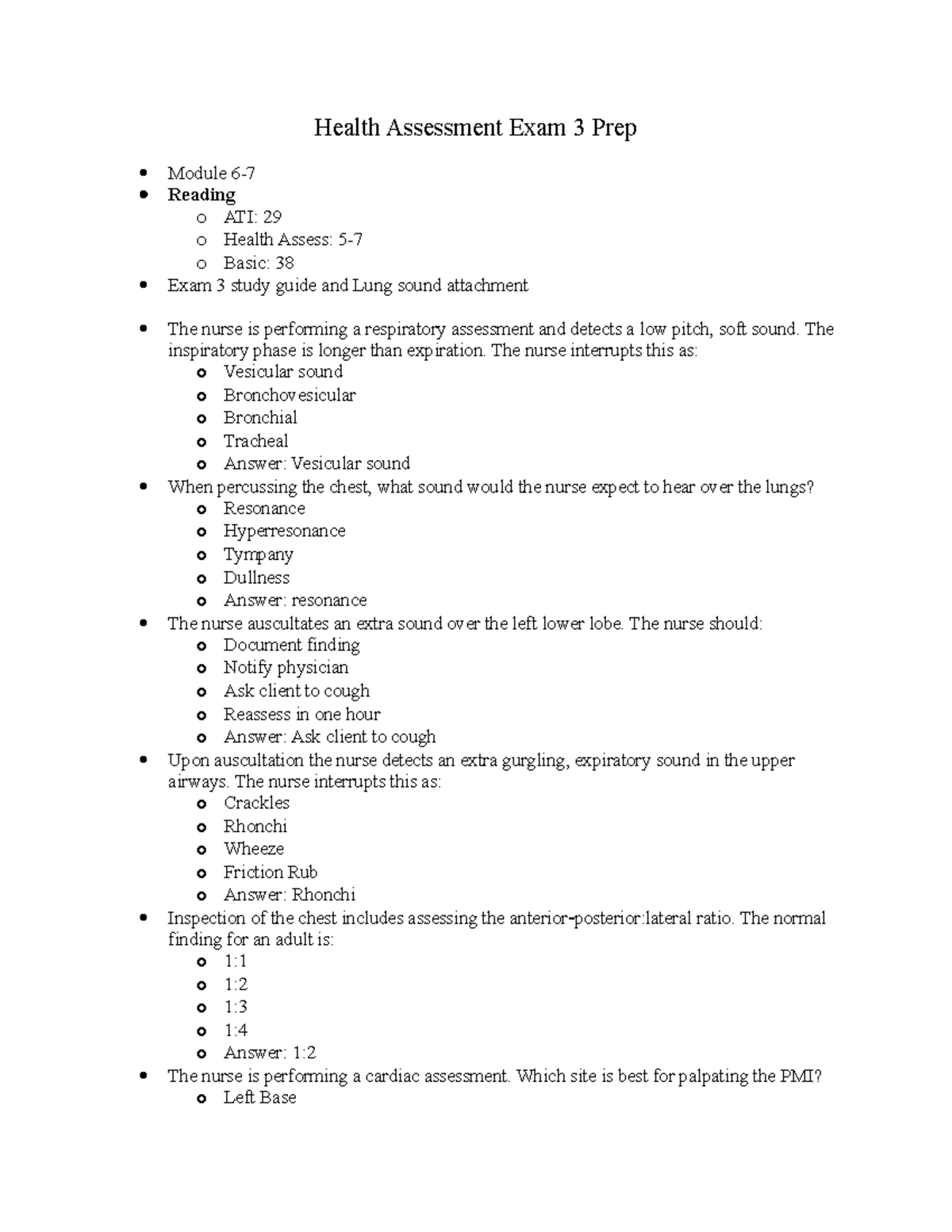 Health Assessment Exam 3 Study Guide & Key Respiratory Concepts - Studocu