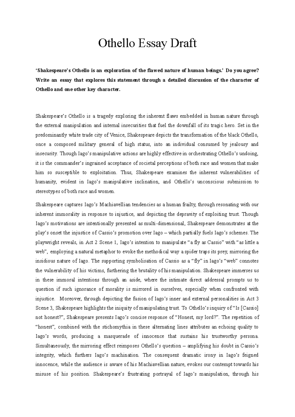 Othello Essay Draft: Exploring Human Flaws in Shakespeare's Tragedy ...