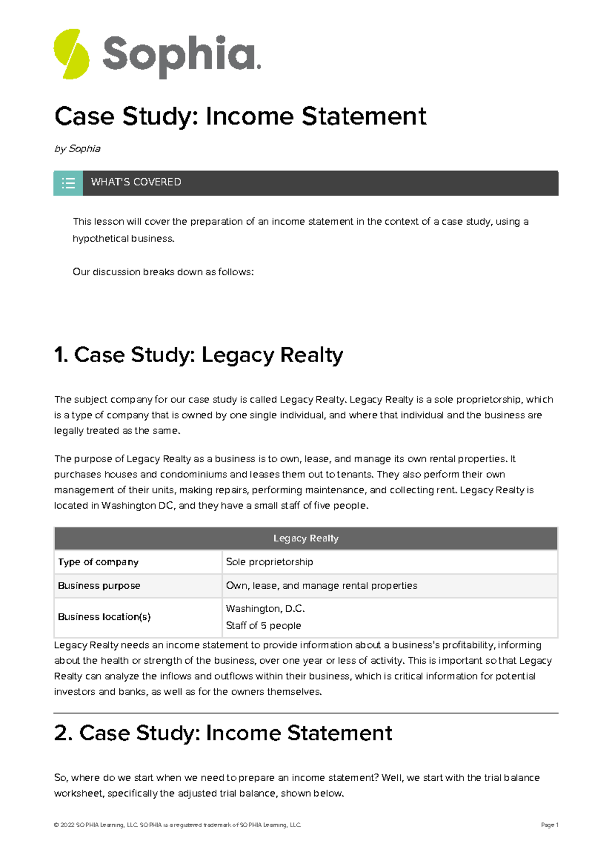 Case Study: Income Statement for Legacy Realty Analysis - Studocu