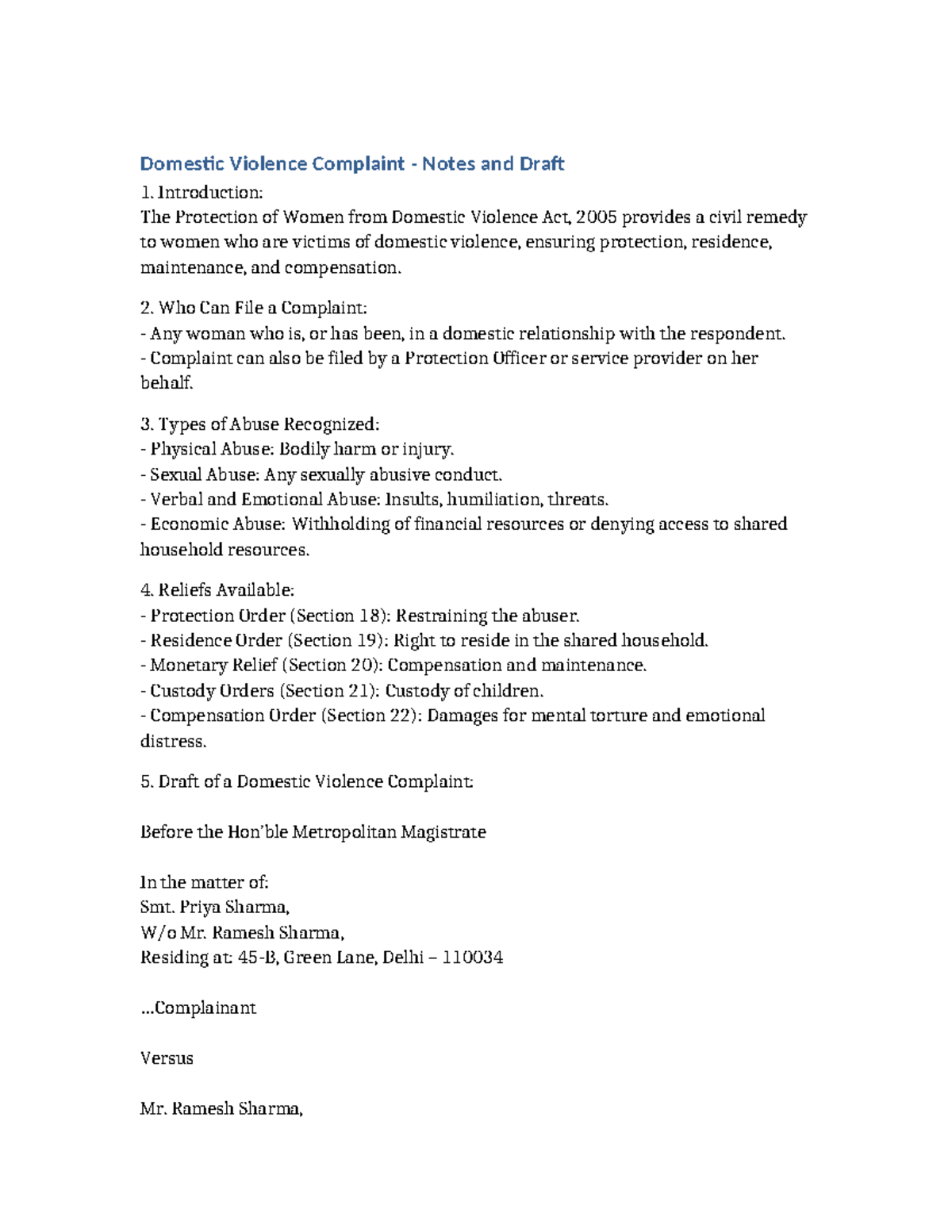 Domestic Violence Notes and Draft - Domestic Violence Complaint - Notes ...