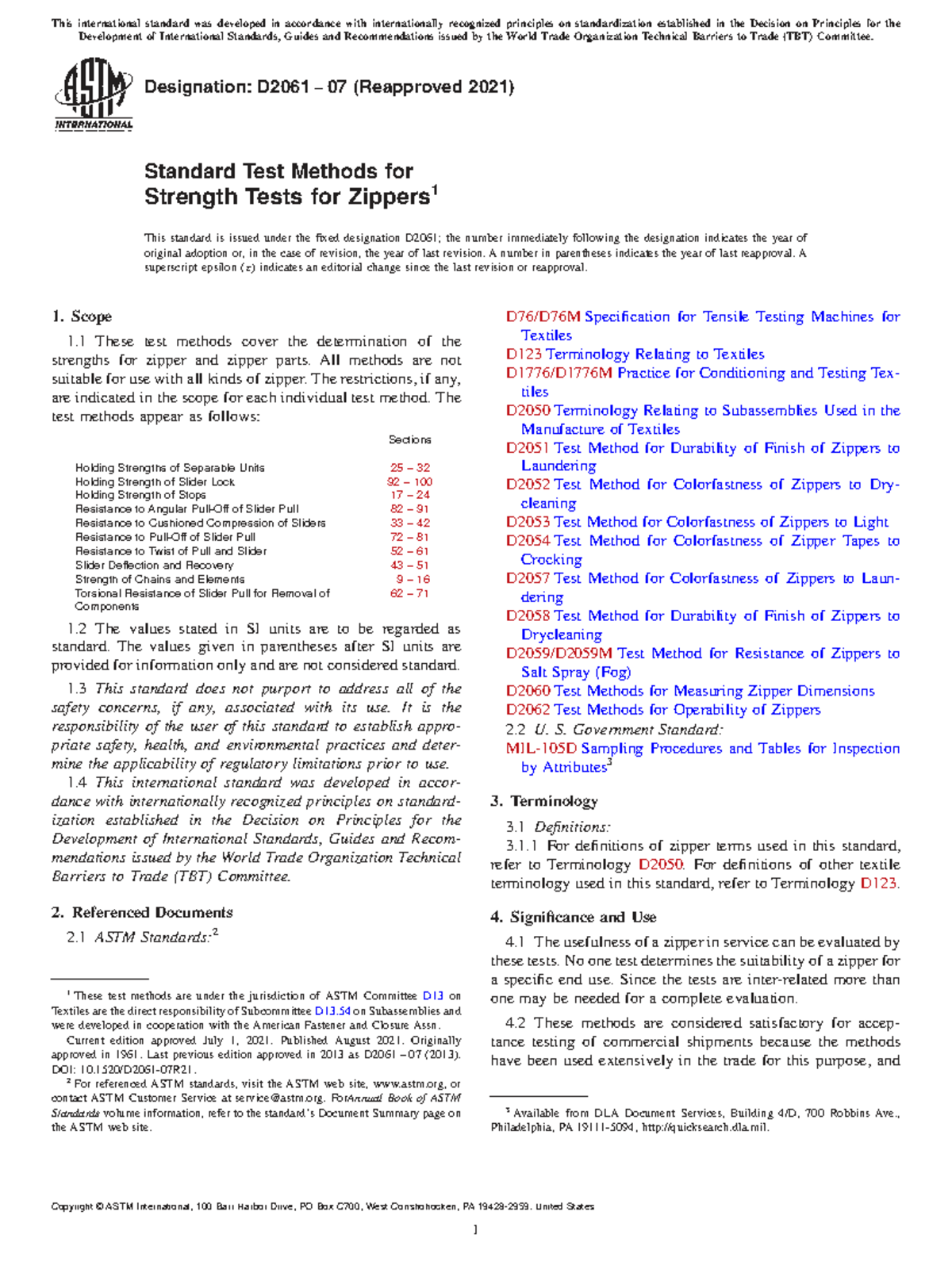 ASTM D2061-07(2021) Standard Test Methods for Zipper Strength Tests ...