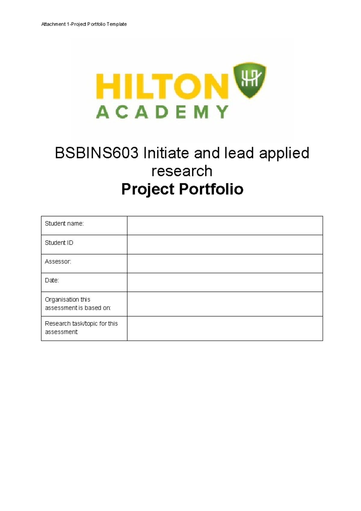 BSBINS603 Final Project Portfolio Template for Applied Research - Studocu