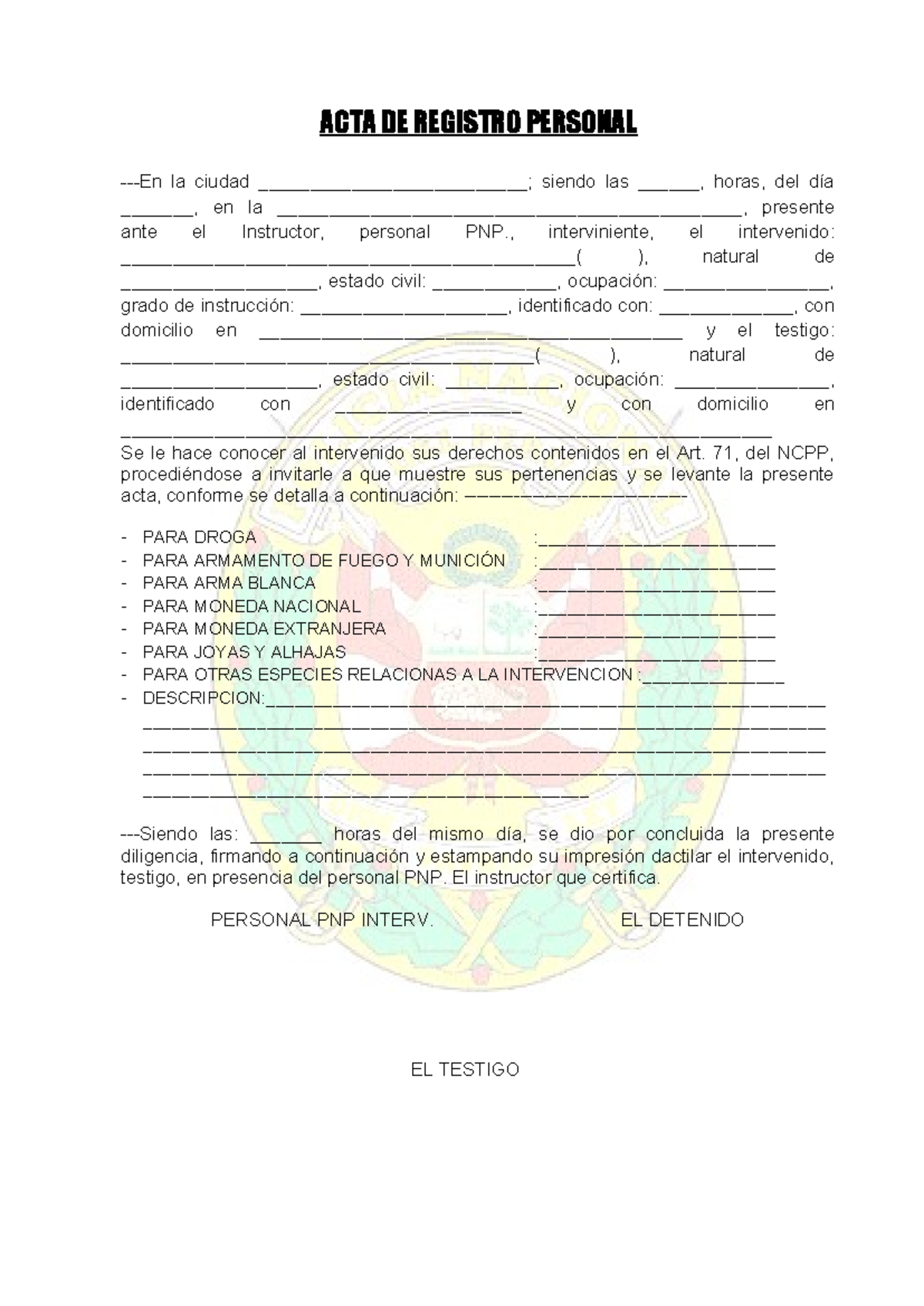 Acta de Detención y Registro Personal - PNP Formato Legal - Document Preview