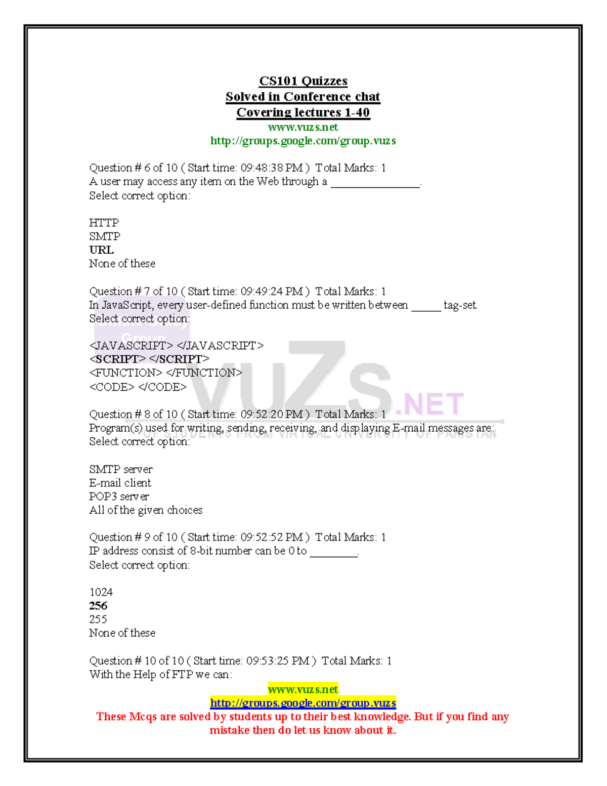 CS101 MCQs Compilation for Lectures 1-40 Review and Study Guide - Studocu