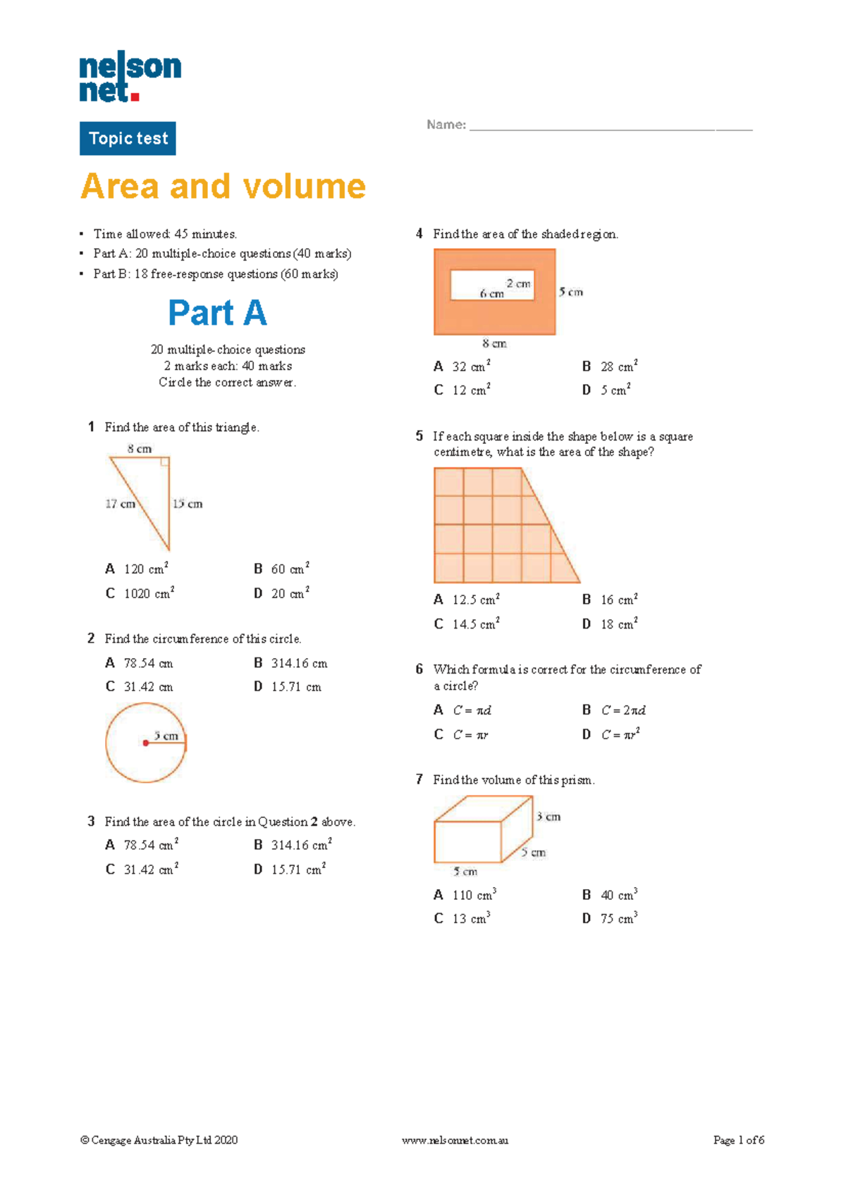 TOPIC TEST 5: Area and Volume (Measurement & Geometry) - Studocu