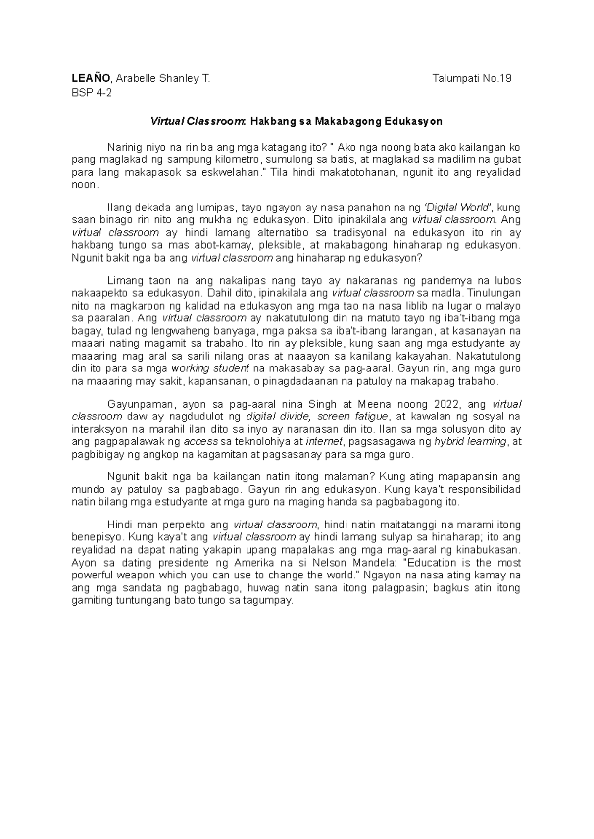 Leano-Talumpati - Example of Talumpati - LEAÑO, Arabelle Shanley T ...