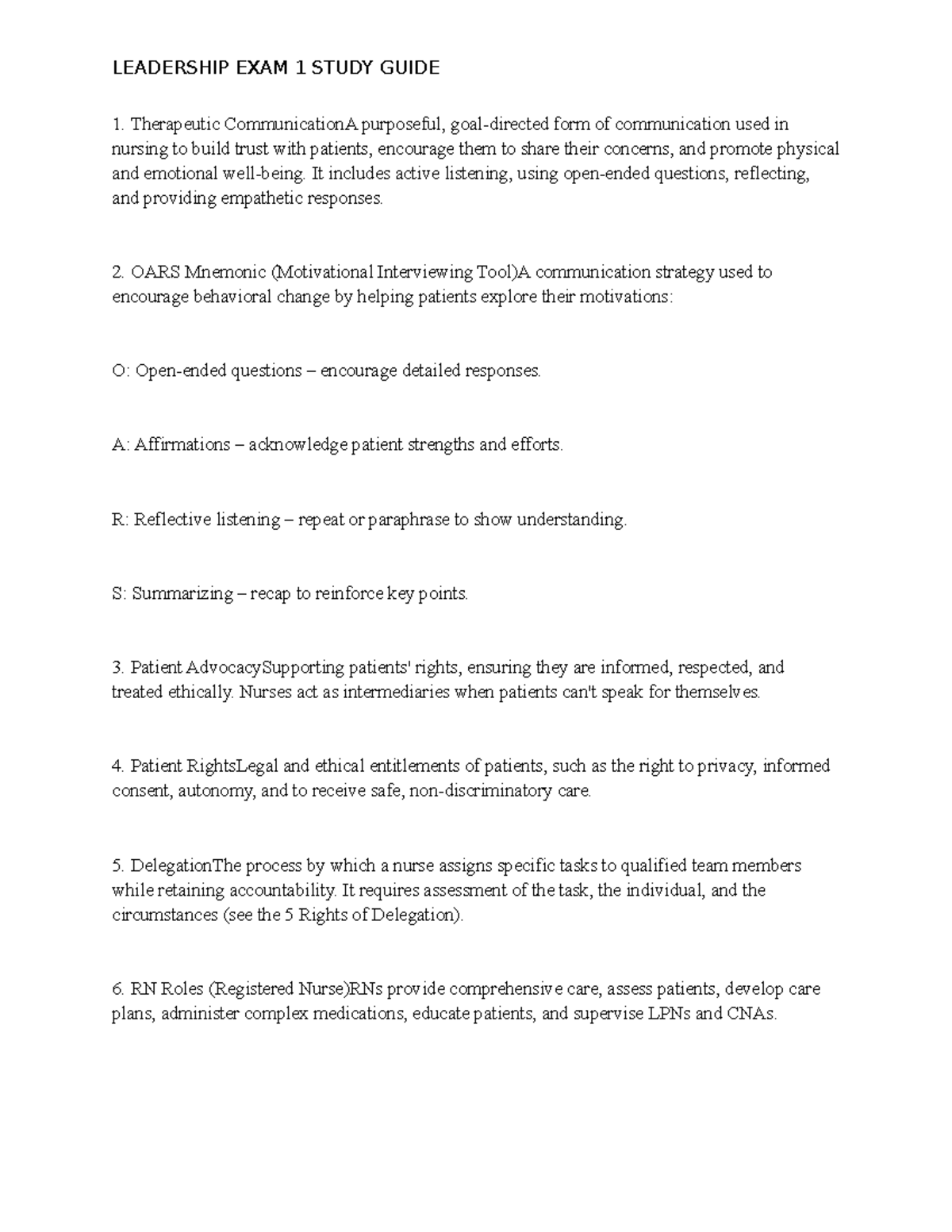 LEADERSHIP NURSING EXAM 1 STUDY GUIDE: Key Concepts & Principles - Studocu