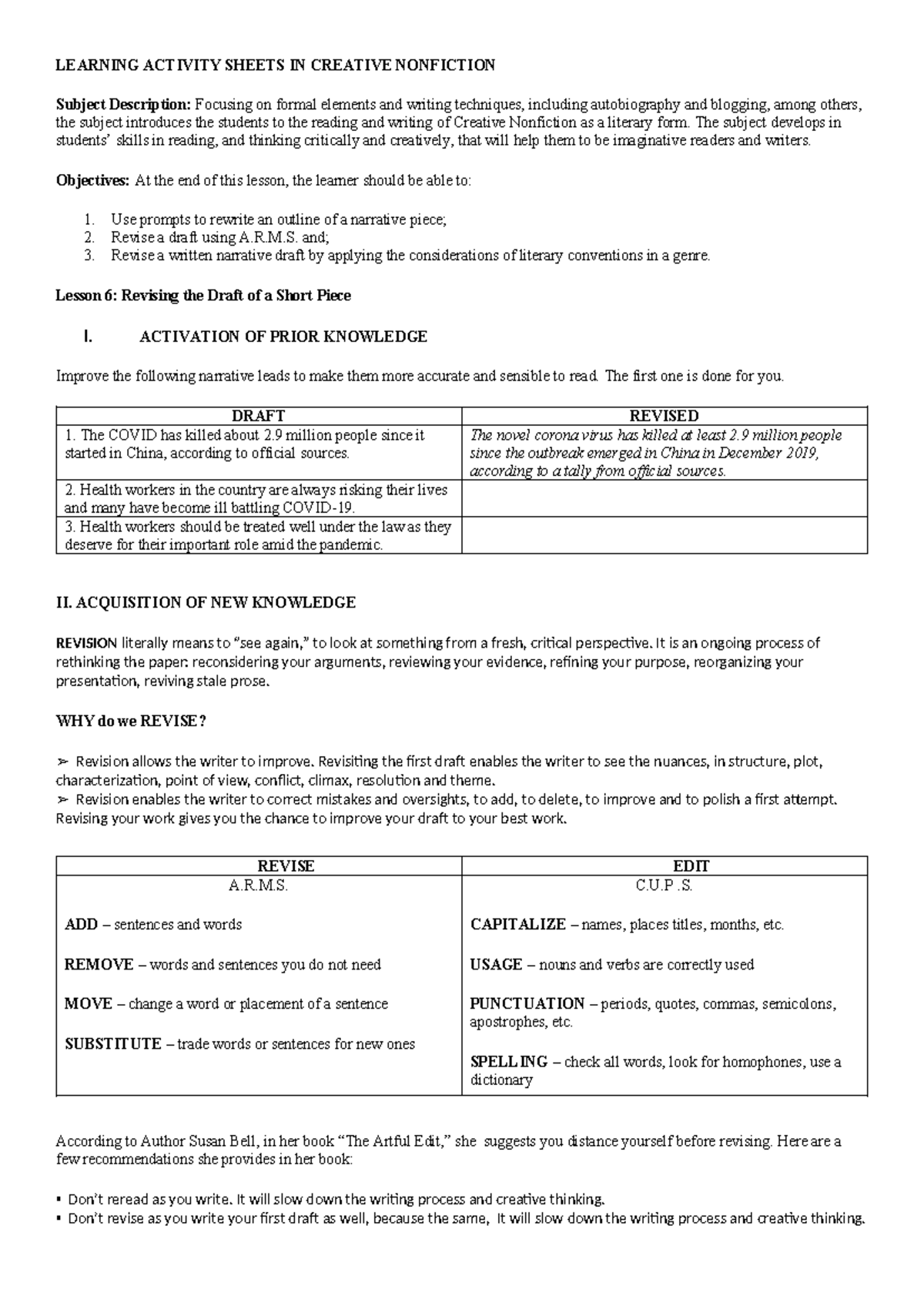 Learning Activity Sheets: Revising Drafts in CNF Writing Techniques ...