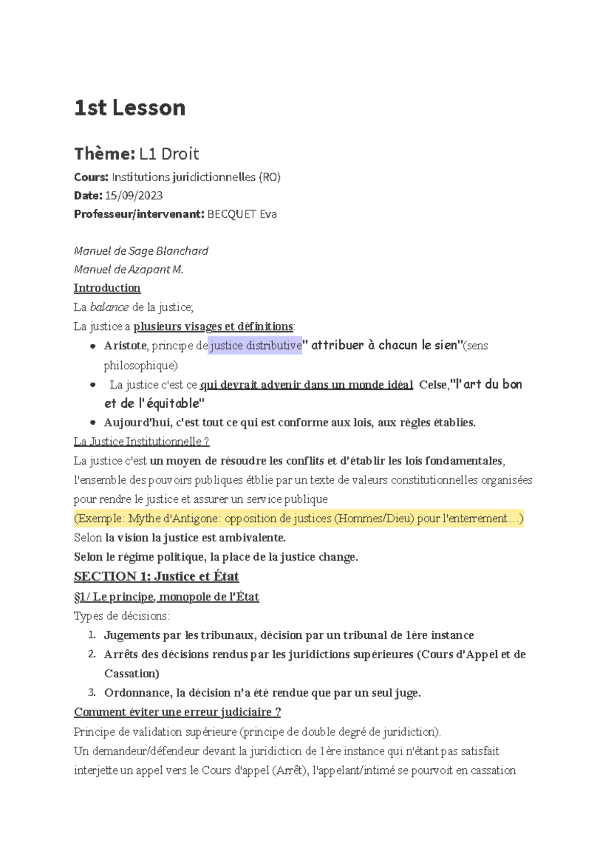 L1 Droit - Cours Institutions Juridictionnelles: Leçon 1 et 2 - Studocu