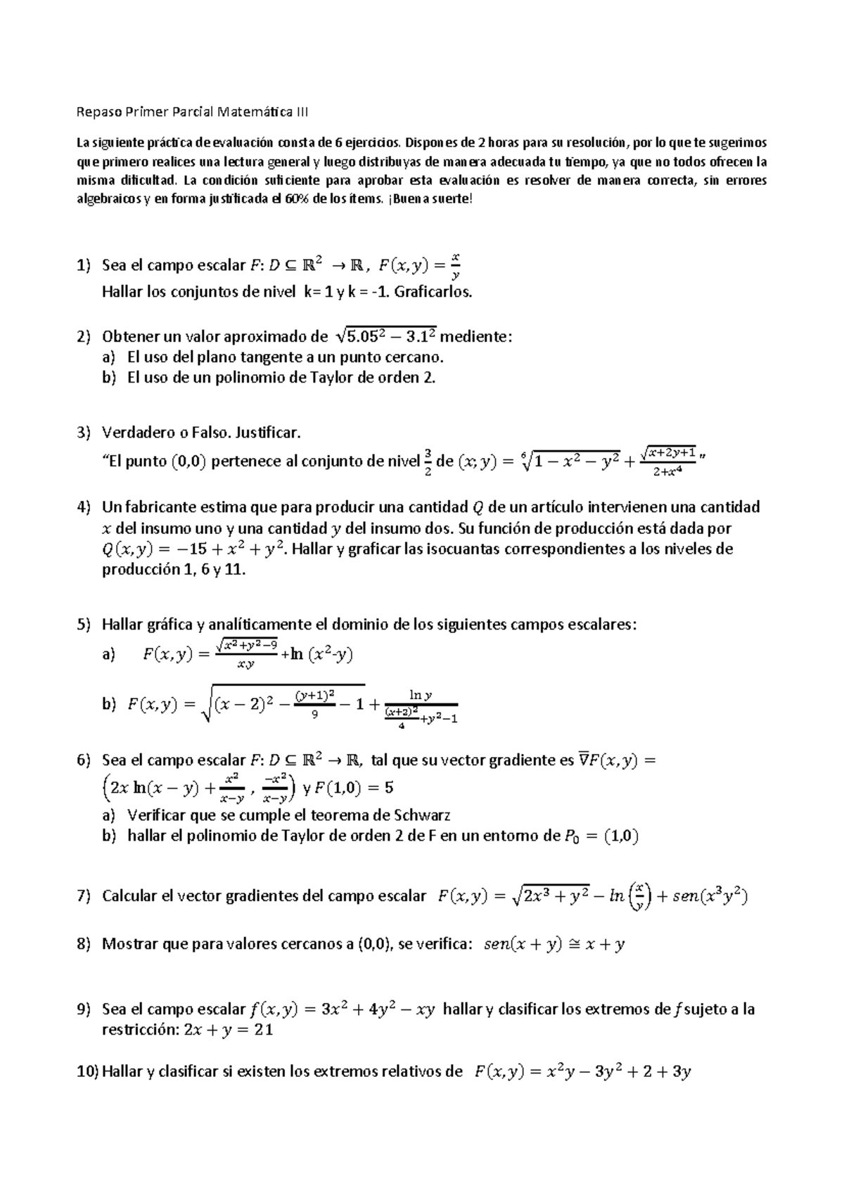 Repaso Primer Parcial M3: Ejercicios de Matemática y Resolución - Studocu
