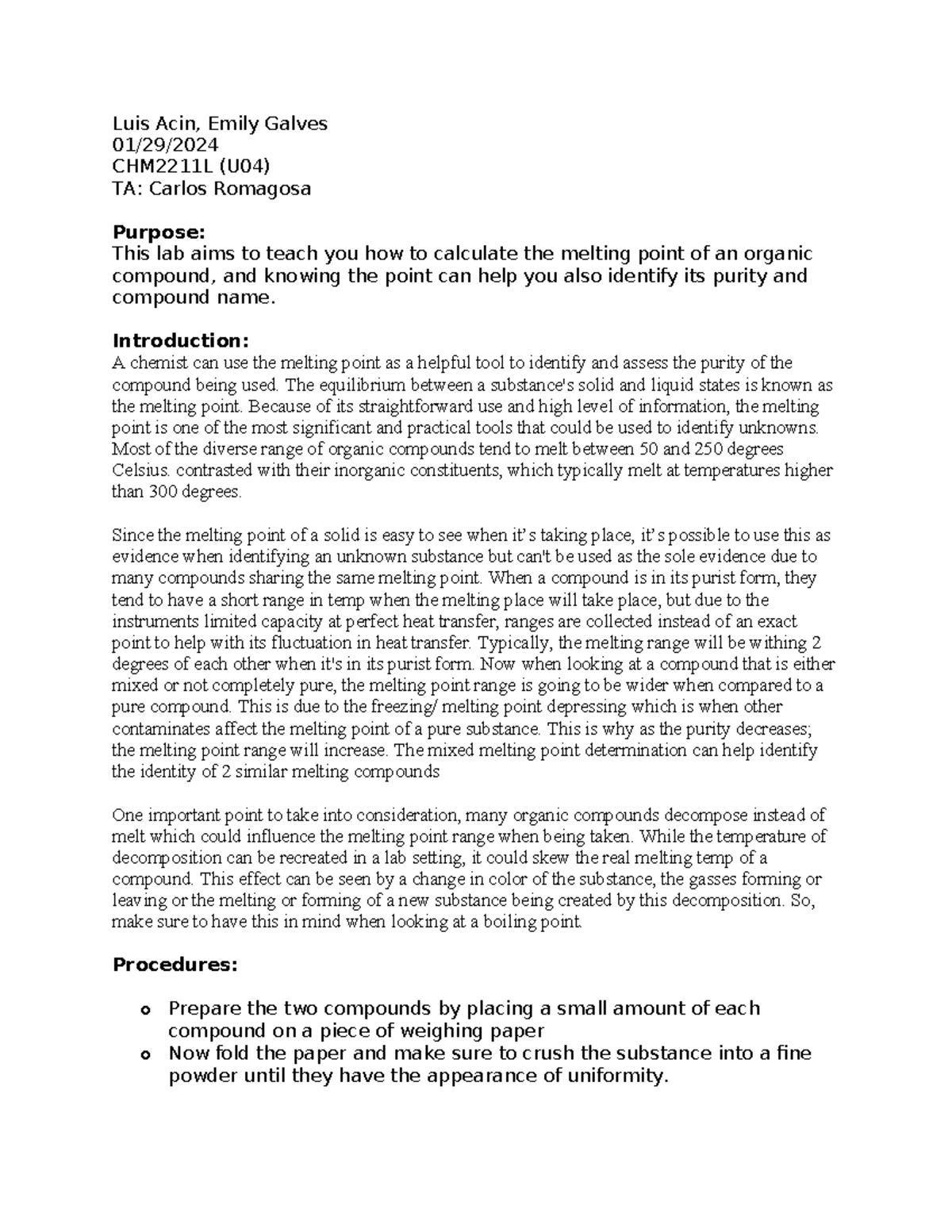 CHM2211L Melting Point Lab Report - Luis Acin, Emily Galves 01/29 ...