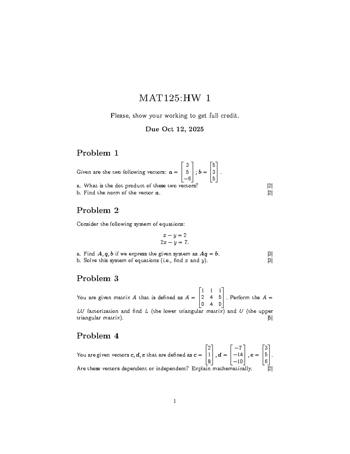 MAT125: HW 1 Solutions and Explanations for Fall 2025 - Studocu
