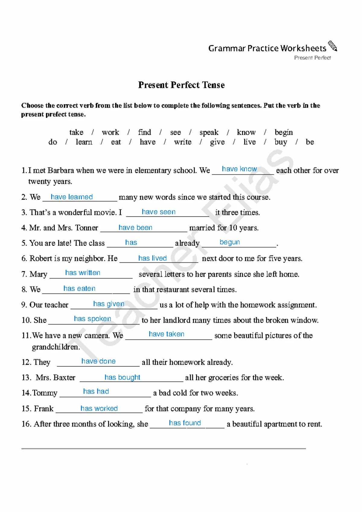 Grammar Practice: Present Perfect Tense Worksheets - Studocu
