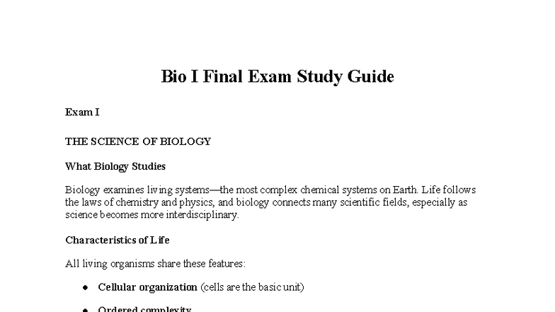Bio I Final Exam Study Guide: Key Concepts in Biology - Studocu