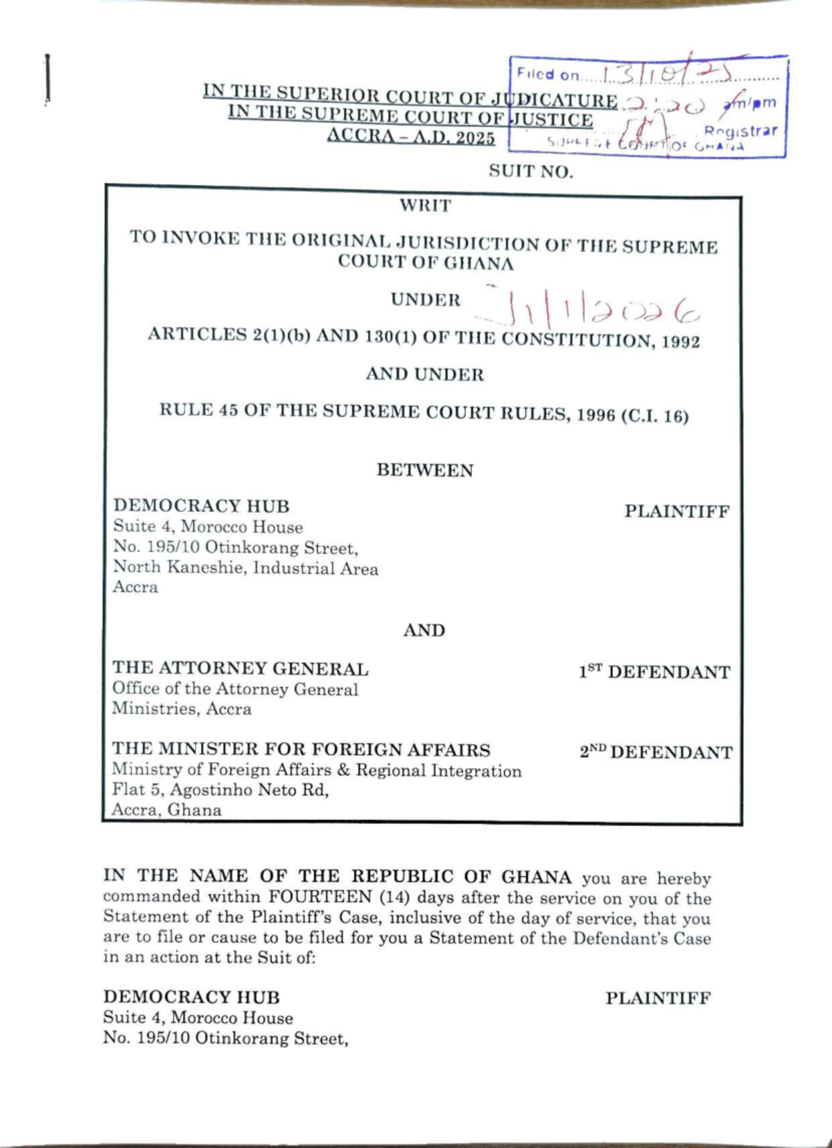 Final Supreme Court Writ on Ghana's International Agreements (2025 ...