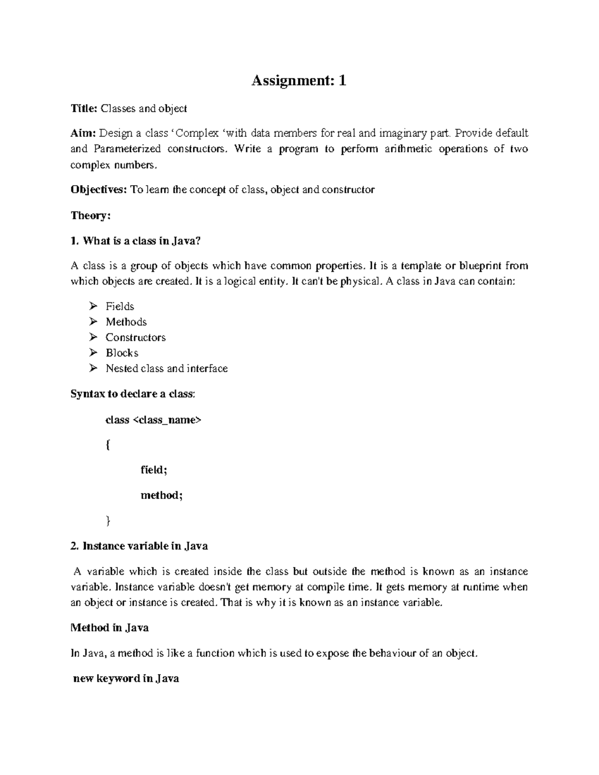 OOP Lab Assignment 1: Classes and Objects in Java - Studocu
