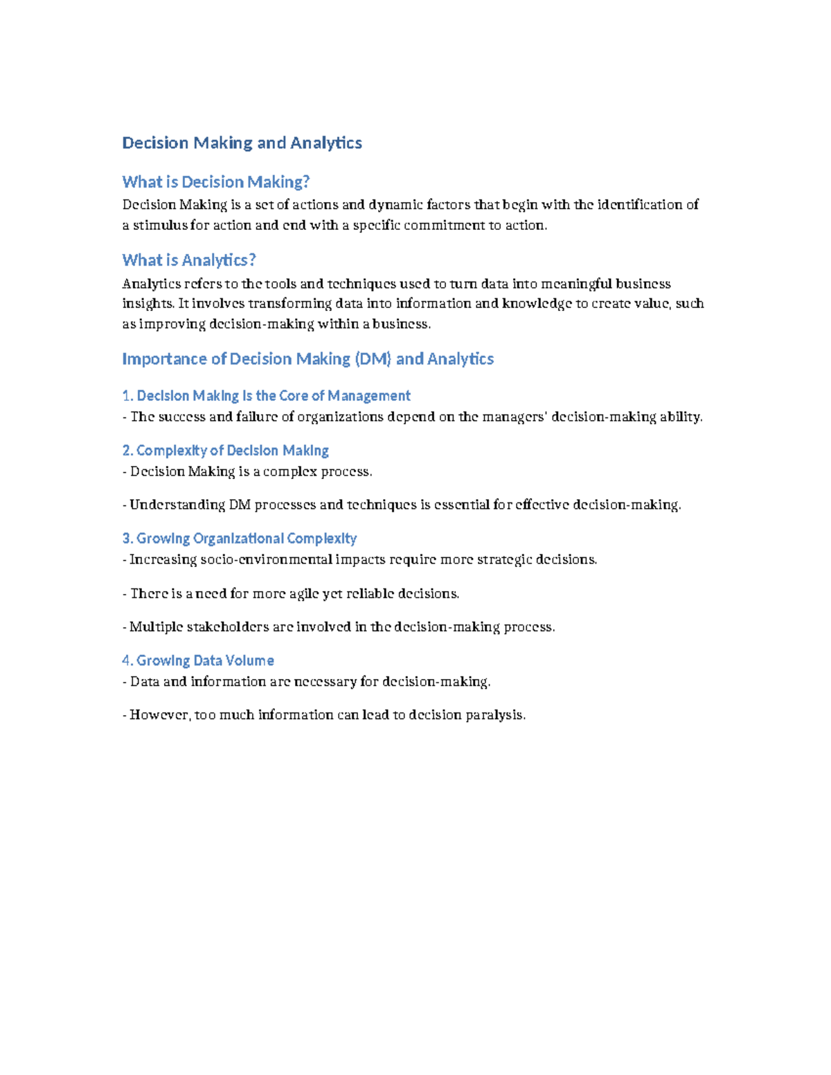 BUSA1000 Week 1: Overview of Decision Making & Analytics - Studocu