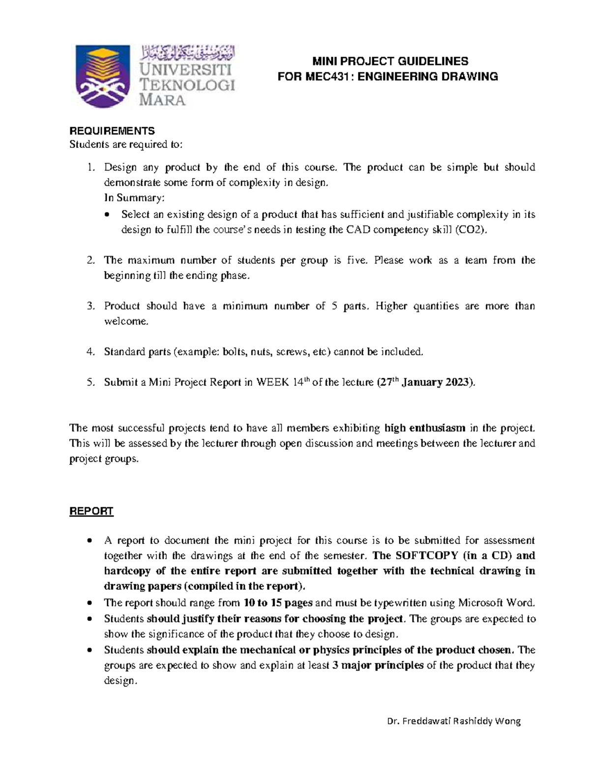 MEC431 Mini Project Guidelines: Engineering Drawing Requirements - Studocu