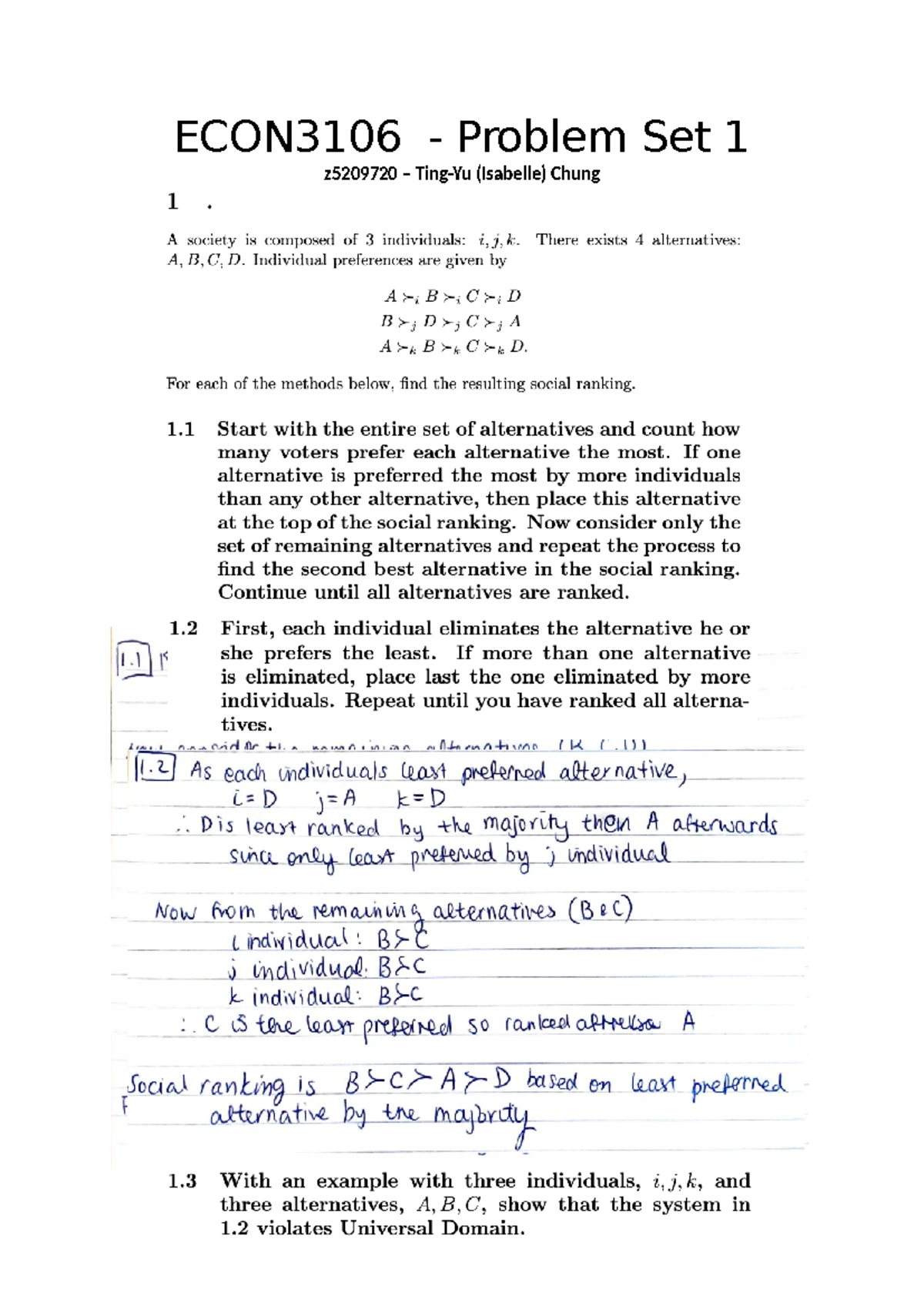 Economics 3106 problem set 1: social ranking and preferences analysis ...